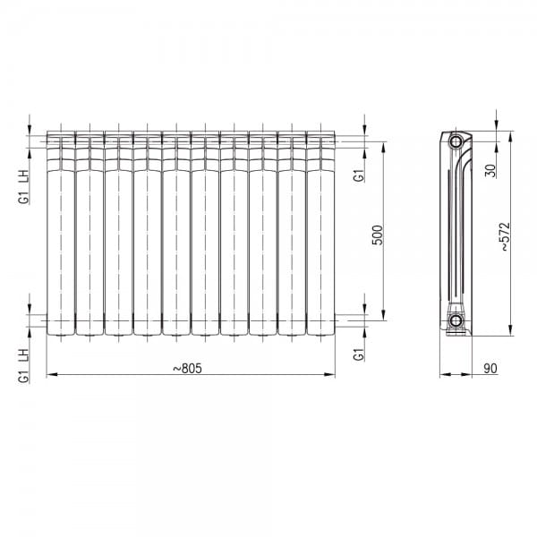 Grzejnik aluminiowy KELLER 500 - wymiary