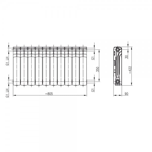 Grzejnik aluminiowy KELLER 350 - wymiary
